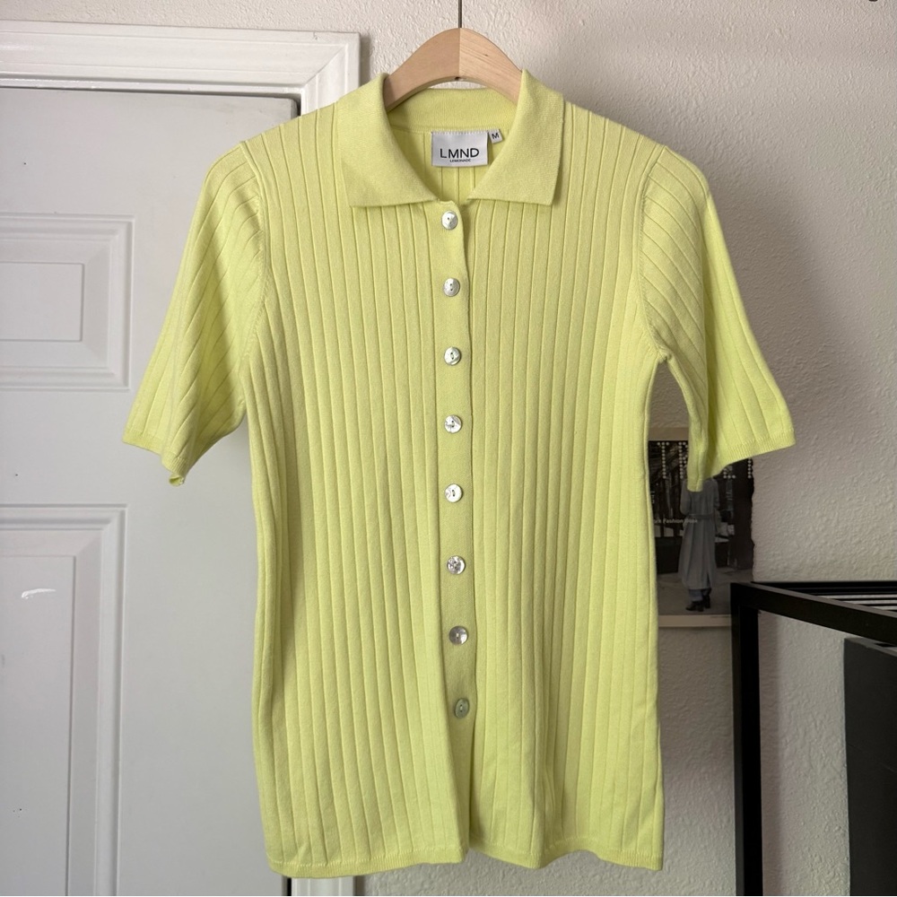 LMND neon lime green yellow rib knit viscose cotton short sleeve button up top